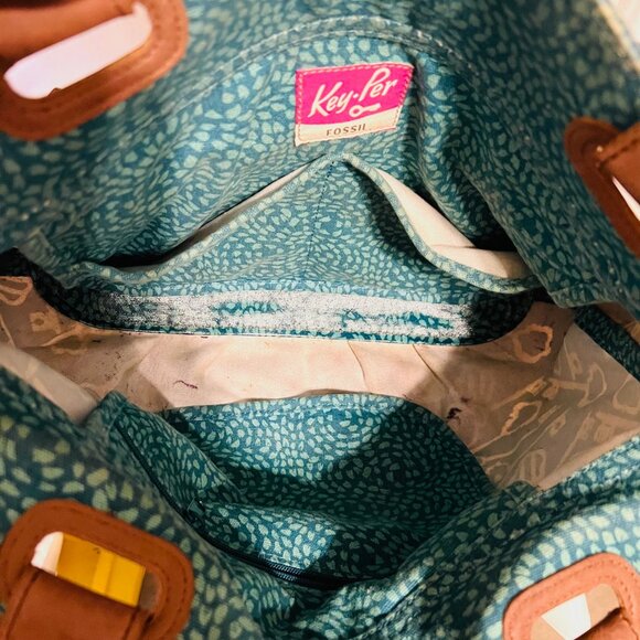 Fossil Key-Per Shoulder/Tote Purse-Teal/Navy Shopper-14" x 12" x 3 1/2"- Leather - Picture 13 of 16